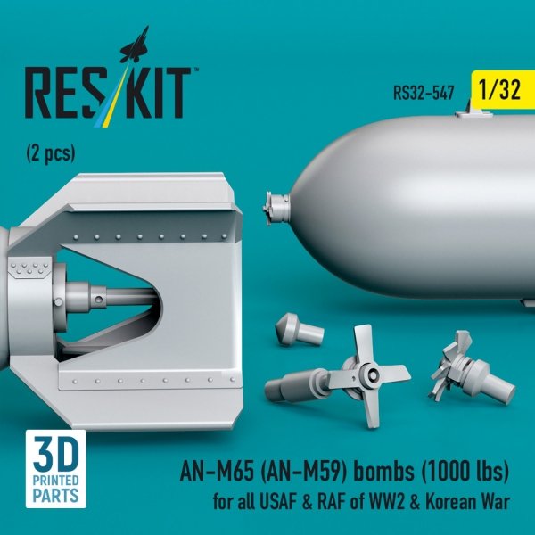 RESKIT RS32-0547 AN-M65 (AN-M59) bombs (1000 lbs) for all USAF &amp; RAF of WW2 &amp; Korean War (2 pcs) (3D Printed) 1/32