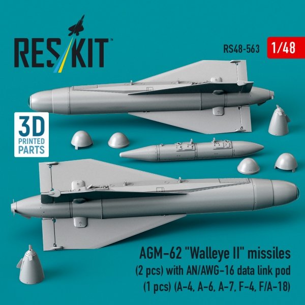 RESKIT RS48-0563 AGM-62 "Walleye II" missiles (2 pcs) with AN/AWG-16 data link pod (1 pcs) (A-4, A-6, A-7, F-4, F/A-18) (3D Printed) (1/48)