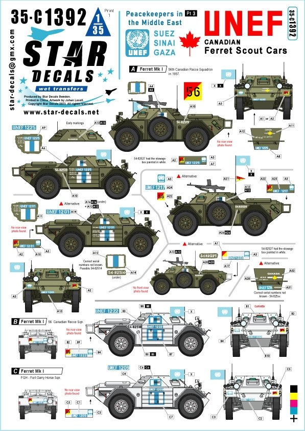 Star Decals 35-C1392 UNEF Canadian Ferrets. Middle East Peacekeepers # 3. Ferret Mk 1 Scout Cars 1/35