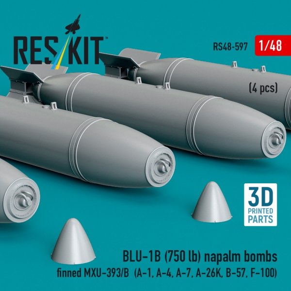 RESKIT RS48-0597 BLU-1B (750 lb) napalm bombs finned MXU-393/B (4 pcs) (A-1, A-4, A-7, A-26K, B-57, F-100) (3D Printed) (1/48)