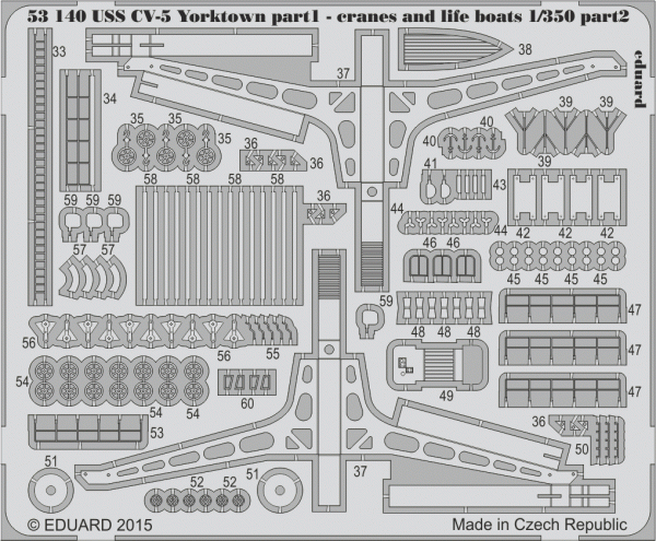 Eduard 53140 USS CV-5 Yorktown part 1 cranes &amp; life boats MERIT 1/350