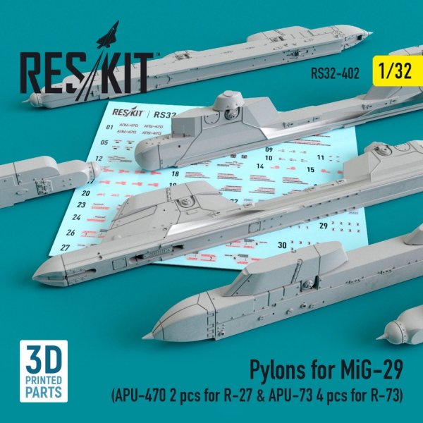 RESKIT RS32-0402 PYLONS FOR MIG-29 (APU-470 2 PCS FOR R-27 &amp; APU-73 4 PCS FOR R-73) 1/32