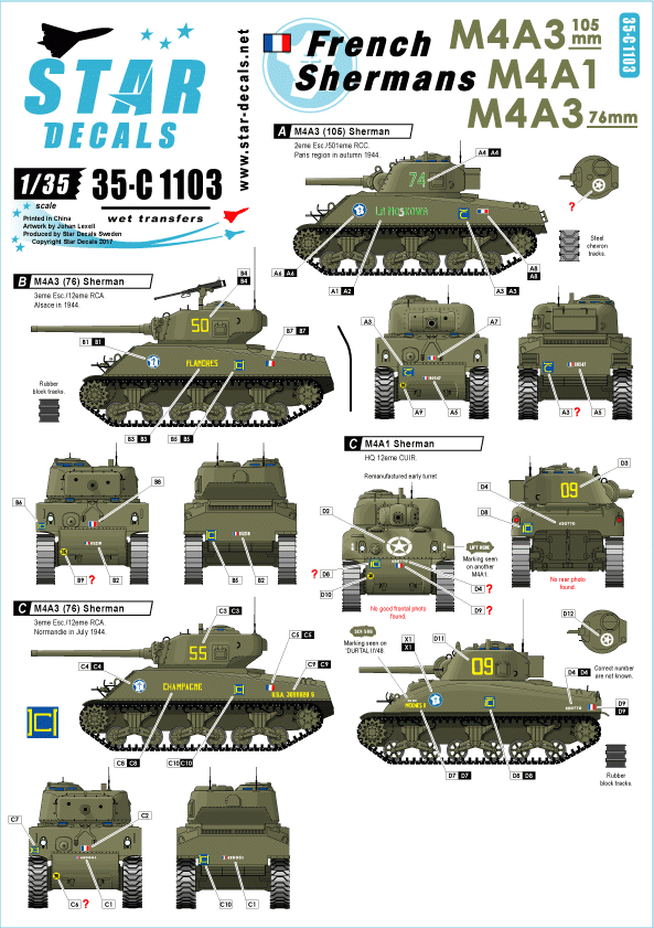 Star Decals 35-C1103 French Shermans # 2 1/35
