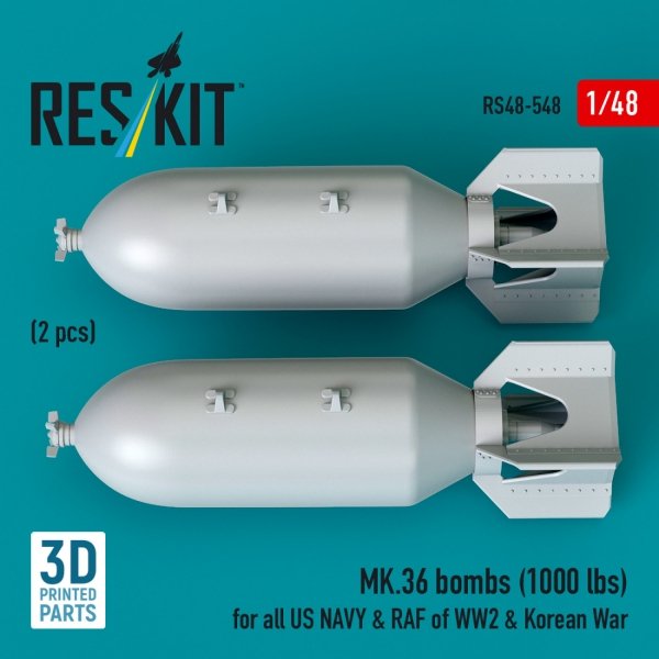 RESKIT RS48-0548 MK.36 bombs (2 pcs) (1000 lbs) for all US NAVY &amp; RAF of WW2 &amp; Korean War (3D Printed) 1/48