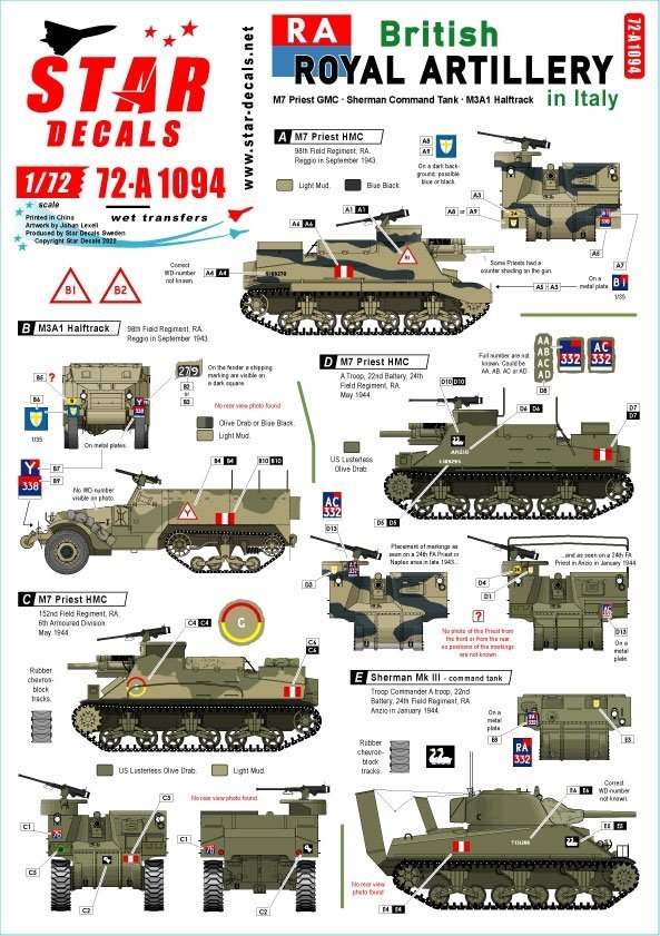 Star Decals 72-A1094 British Royal Artillery in Italy. M7 Priest HMC, Sherman Command Tank, M3A1 Halftrack. 1/72