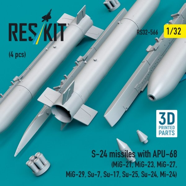 RESKIT RS32-0566 S-24 missiles with APU-68 (4 pcs) (MiG-21, MiG-23, MiG-27, MiG-29, Su-7, Su-17, Su-25, Su-24, Mi-24) (3D Printed) (1/32)