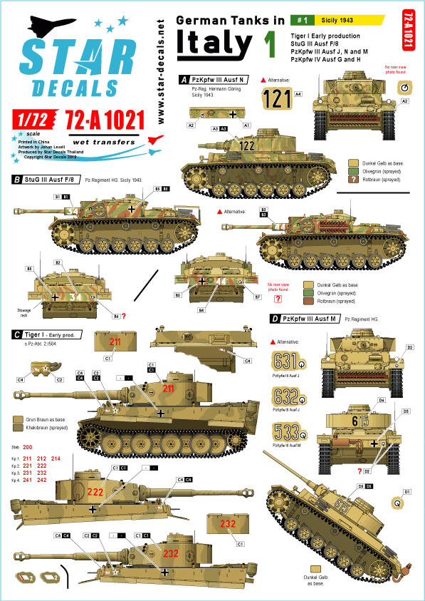 Star Decals 72-A1021 German tanks in Italy # 1. Sicilly 1943 1/72