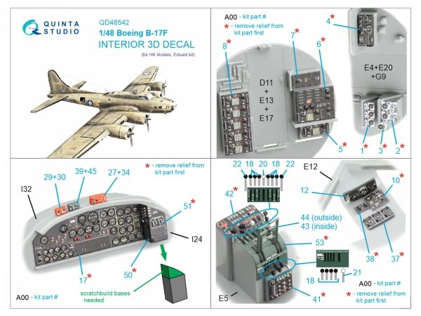 Quinta Studio QDS-48542 Boeing B-17F 3D-Printed &amp; coloured Interior on decal paper (HK models, Eduard) (small version) 1/48