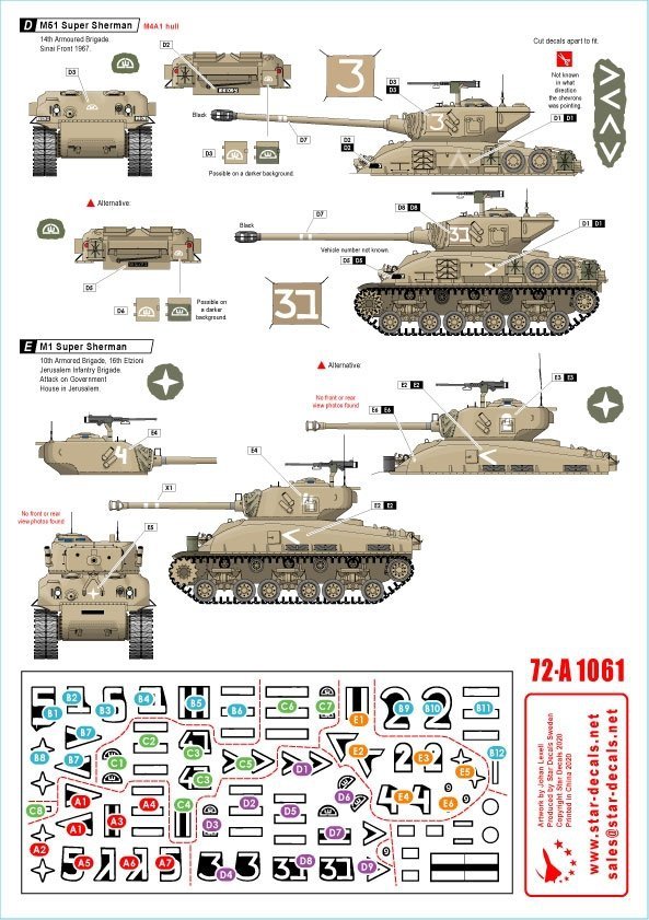 Star Decals 72-A1061 Israeli AFVs # 6 1960 and Six-Day War markings. M51 Super Sherman + M1 Super Sherman /72