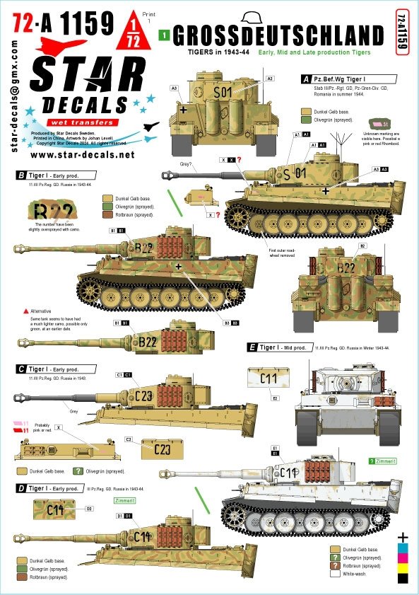Star Decals 72-A1159 Grossdeutschland Tigers. 1943-44. Tiger I Early, Mid and Late production 1/72