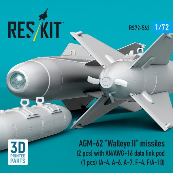 RESKIT RS72-0563 AGM-62 "Walleye II" missiles (2 pcs) with AN/AWG-16 data link pod (1 pcs) (A-4, A-6, A-7, F-4, F/A-18) (3D Printed) (1/72)