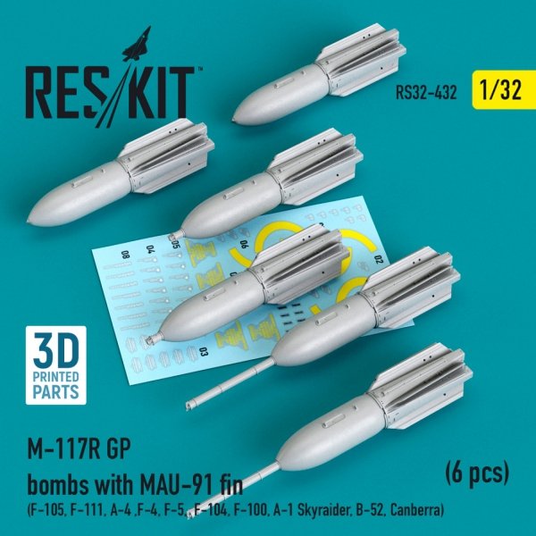 RESKIT RS32-0432 M-117R GP BOMBS WITH MAU-91 FIN (6 PCS) (3D PRINTED) 1/32