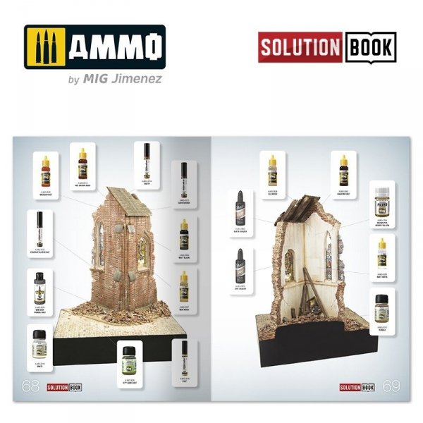 AMMO of Mig Jimenez 6510 How to Paint Brick Buildings. Colors &amp; Weathering System Solution Book (Multilingual)