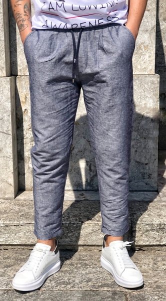Pantaloni uomo - Blu chiaro - Con lacci - Lino-Cotone
