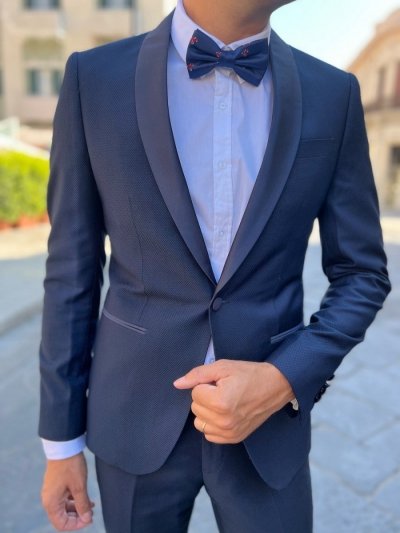 Smoking blu, con rever blu - Tessuto operato