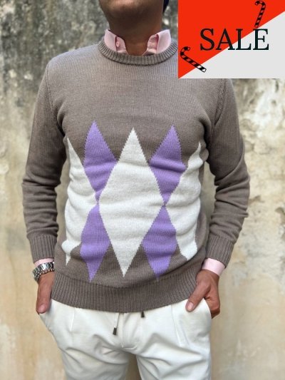 Sweter męski, beżowy - kolorowe romby - Długi rękaw – Okrągły dekolt - Made in Italy 