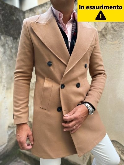 Palto męskie, dwurzędowe - Slim - kolor camelowy - Made in Italy