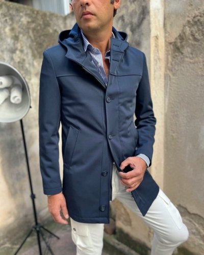Płaszcz męski, z kapturem - Trencz - Granatowy - Made in Italy