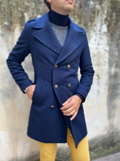 Płaszcz męski, kolor niebieski – Dwurzędowy – Paul Miranda – Made in Italy