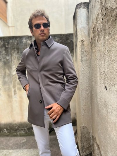 Płaszcz męski, trencz –Ciemnobeżowy - Jednorzędowy - Made in Italy