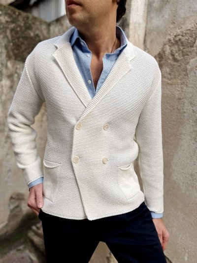 Sweter męski, kolor biały - Kardigan - Dwurzędowy