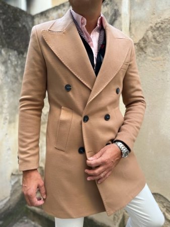 Palto męskie, dwurzędowe - Slim - kolor camelowy - Made in Italy