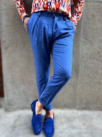 Spodnie męskie, lniane - Niebieskie - Cropped - Nik        