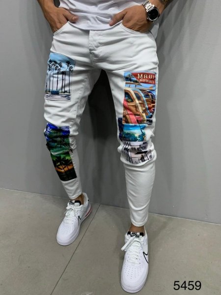 Jeans bianco -  Con toppe colorate - Jeans bianco uomo - Jeans uomo Gogolfun.it