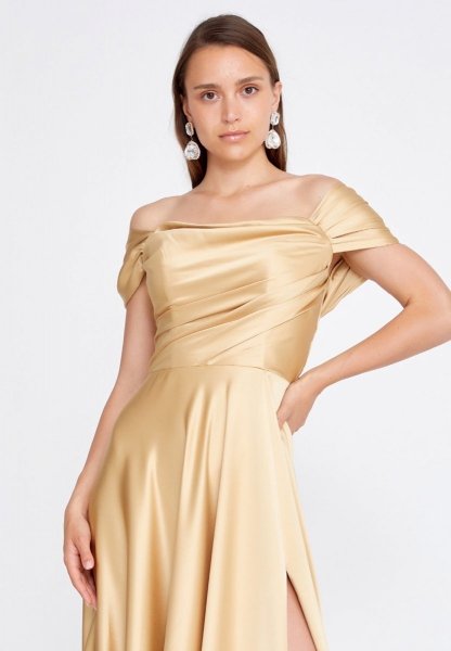 Vestito elegante, oro - In raso - Con spacco - Vestiti eleganti . Vestiti lunghi - Cerimonia gogolfun.it