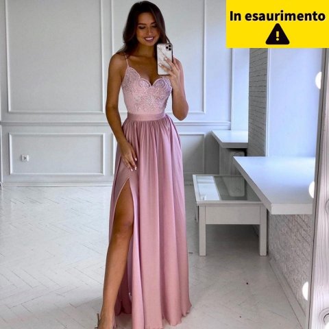 Vestito rosa cipria - Lungo - Elegante - Con spacco - Vestiti eleganti - Gogolfun.it