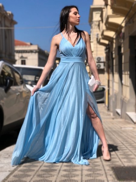 Elegancka sukienka wieczorowa, długa – niebieska – brokatowa - Gogolfun.pl