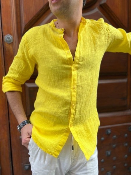Camicia di lino - Gialla - Collo coreano - Camicie estive - Gogolfun.it