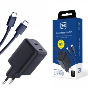 OUTLET: Ładowarka sieciowa 3mk Hyper Charger PD 45W+USB Cable C to C Black - USZ OPAK