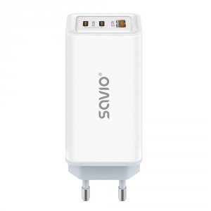 Ładowarka sieciowa GaN Savio LA-07, 1 x USB-A, 2 x USB-C, QC 4,0+, PD 3.0, 65W, biała