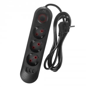 Listwa zasilająca Maclean MCE394 B, przedłużacz 3gniazda + 3xUSB, 110-240V AC 50/60Hz, 2.1A max 2500W, 1,5m, czarna