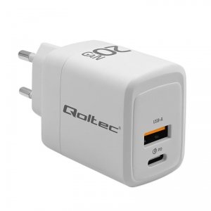 OUTLET: Ładowarka sieciowa Qoltec 20W GaN | 5-20V | 1.5-3A | 1xUSB-C PD | 1xUSB QC 3.0 | Biała - USZ OPAK