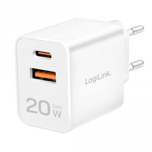 Ładowarka sieciowa LogiLink PA0369 USB GaN, 20 W, 1x USB-C (PD), 1x USB-A, biała