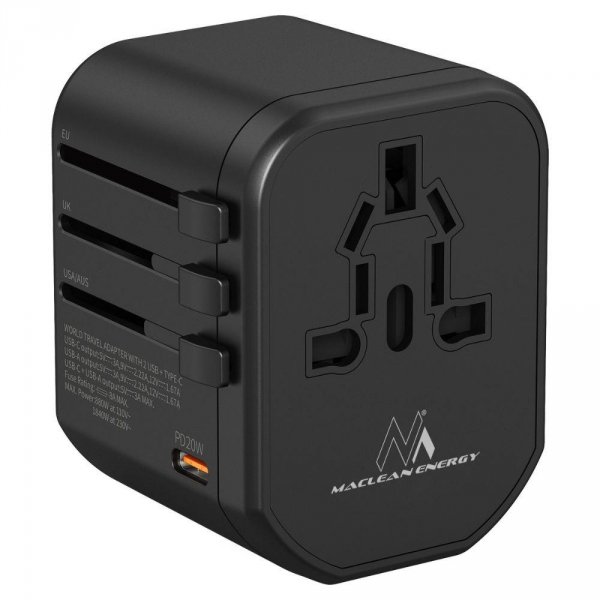 Adapter podróżny Maclean MCE238N zasilacz USB, 2xUSB 2,4A + USB-C PD 20W, Bezpiecznik 8A, Quick and Fast Charge, 200 krajów świata