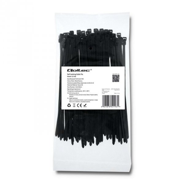 Opaska zaciskowa Qoltec | 3,6*150 | 100szt | nylon UV | Czarna