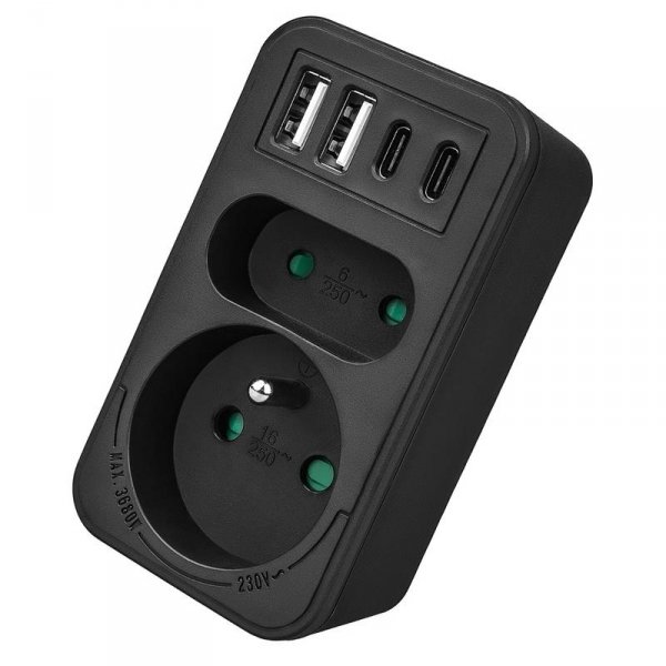 Gniazdko prądowe x2 + 4xUSB Maclean, rozgałęźnik z 2 gniazdami, 2xUSB A, 2xUSB C PD 20W, 1x16A + 1x6A, MCE249 F/B