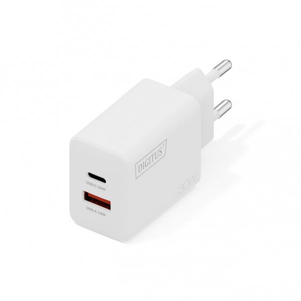 Ładowarka sieciowa DIGITUS GaN II 30W, 1x USB-C, 1x USB-A, PD 3.0, QC 3.0, biała