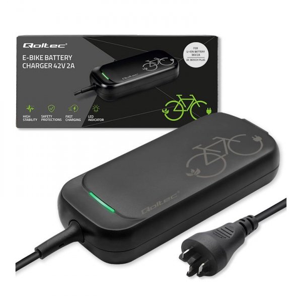 OUTLET: Ładowarka Qoltec do roweru Bosch 36V | 42V | 2A | Bosch plug | wodoodporna + kabel zasilający - OTW OPAK