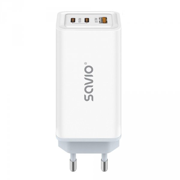 Ładowarka sieciowa GaN Savio LA-07, 1 x USB-A, 2 x USB-C, QC 4,0+, PD 3.0, 65W, biała