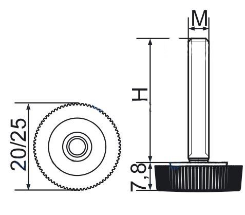 Stopka regulacyjna radełkowa fi25 M10x20 - 4 szt.