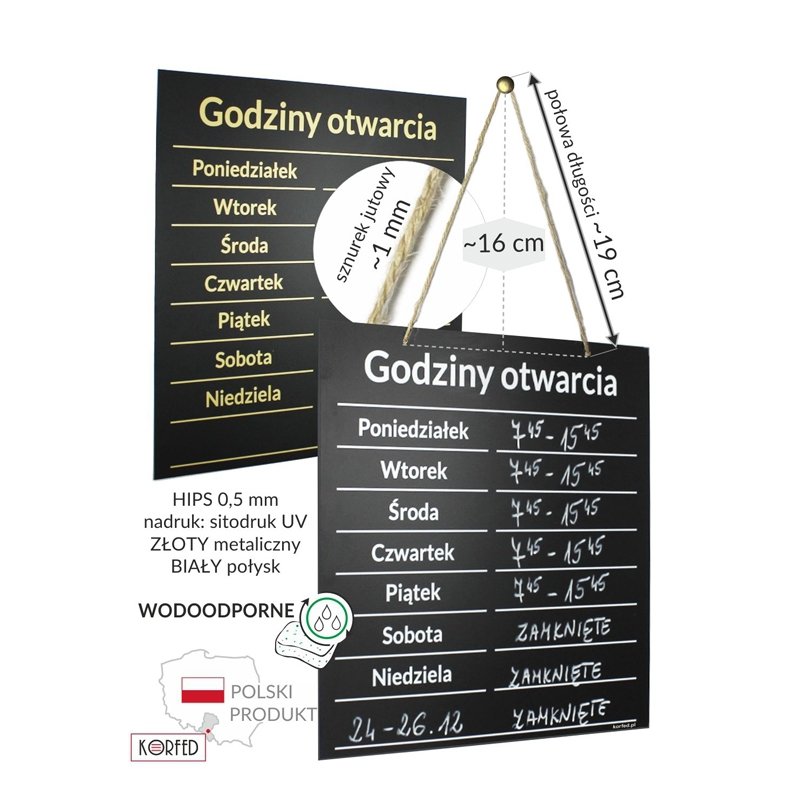 Tabliczka informacyjna kredowa ze sznurkiem - godziny otwarcia