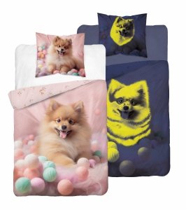 Pościel bawełniana świecąca FLUO Piesek Pomeranian Szpic 140 x 200 cm komplet pościeli (5411A)