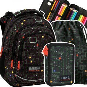 ZESTAW 3 el. Plecak wczesnoszkolny BackUP 24 L Pac-Man, GAMER (PLB5R102SET3CZ)