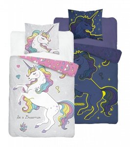 Pościel świecąca w ciemności UNICORN Jednorożec 140 x 200 cm komplet pościeli (4031A)