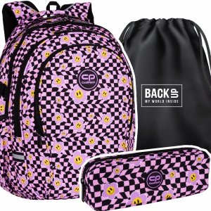 ZESTAW 3 el. Plecak CoolPack FACTOR 29 L kwiatki kratka, PURPLE POT (F002819SET3CZ)
