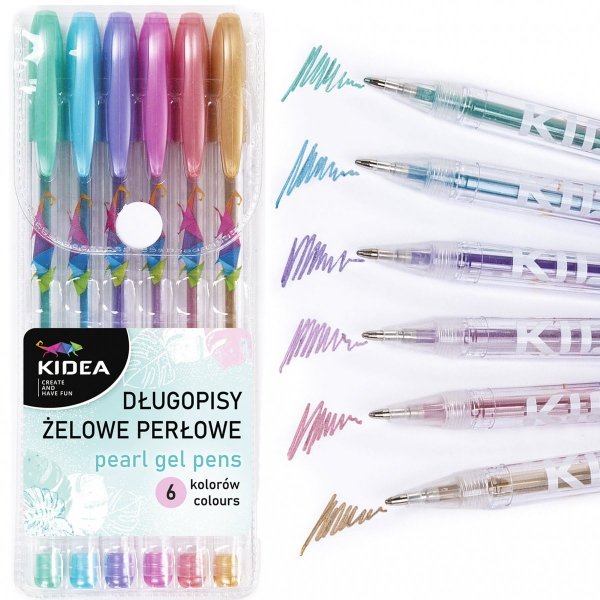 Długopisy żelowe 6 kolorów PERŁOWE perłowy połysk KIDEA (DZP6KA)